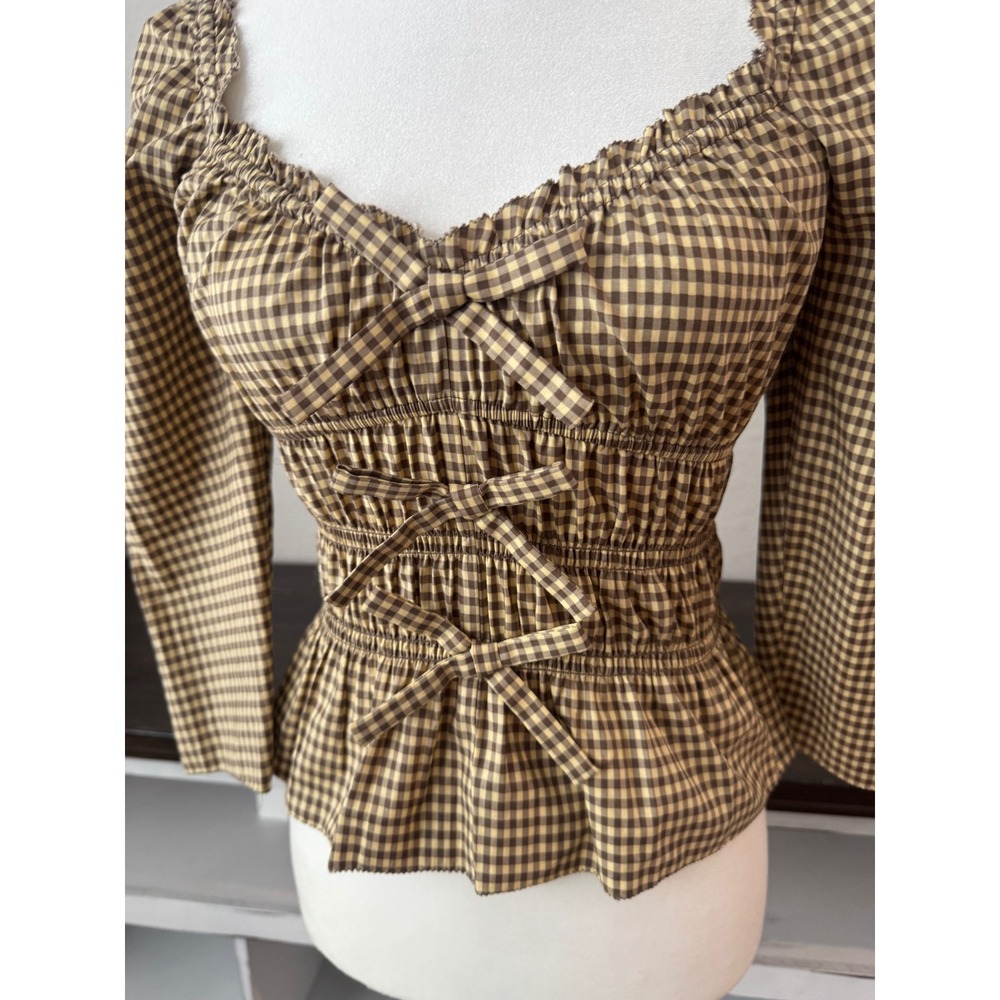 NWT Reformation Lauryn Top Long Sleeve Bows Smocked Blondie Check Size 2 - Picture 3 of 8